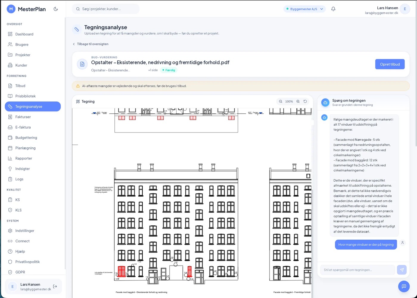 Mesterplan tegningsanalyse med facadetegning og AI-svar
