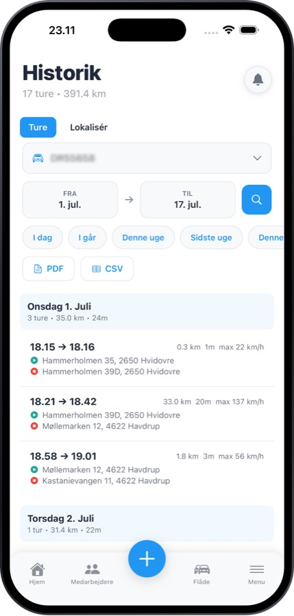 Turhistorik med adresser, kilometer og tider