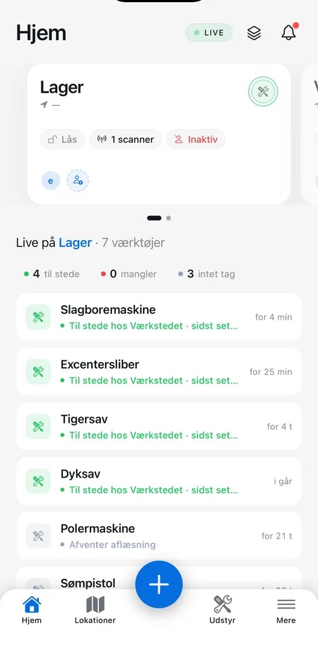 Trackrs-appen med værktøj på lageret